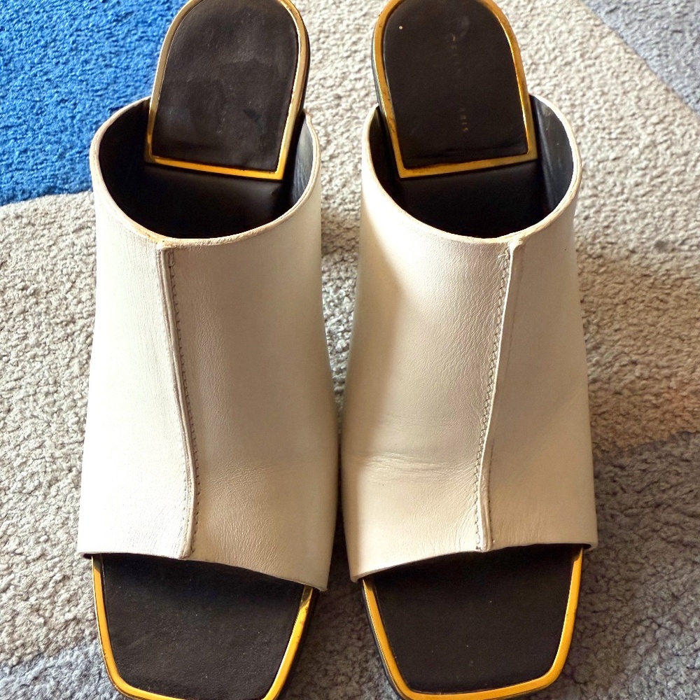 Céline “Septa” White Leather Block Heel Mules – Size 36.5